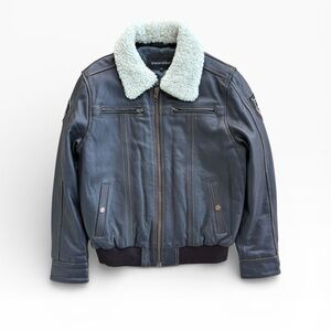 Vintage European Transmission Leather Bomber Jacket Sherpa Collar Men’s Large